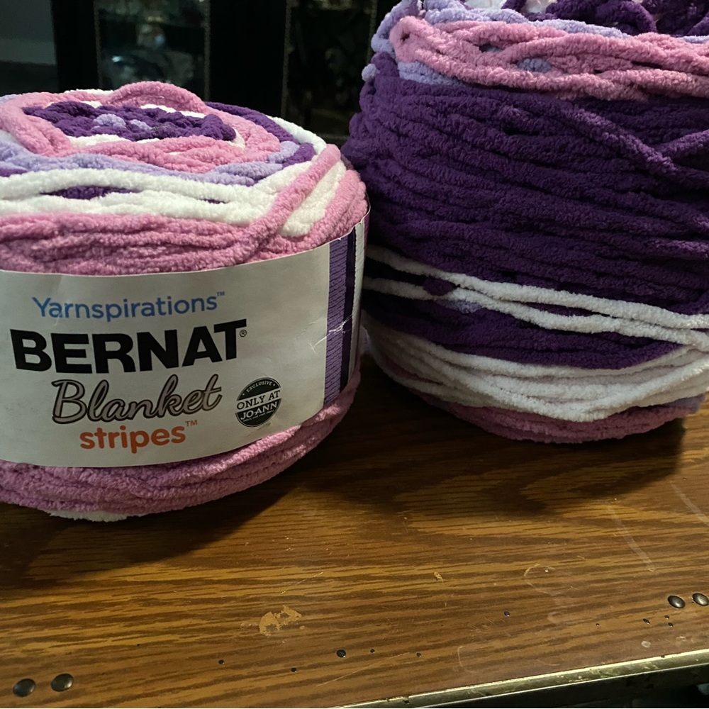 Lot of 2 Bernat Blanket Stripes Yarn - Pink, Purple, White